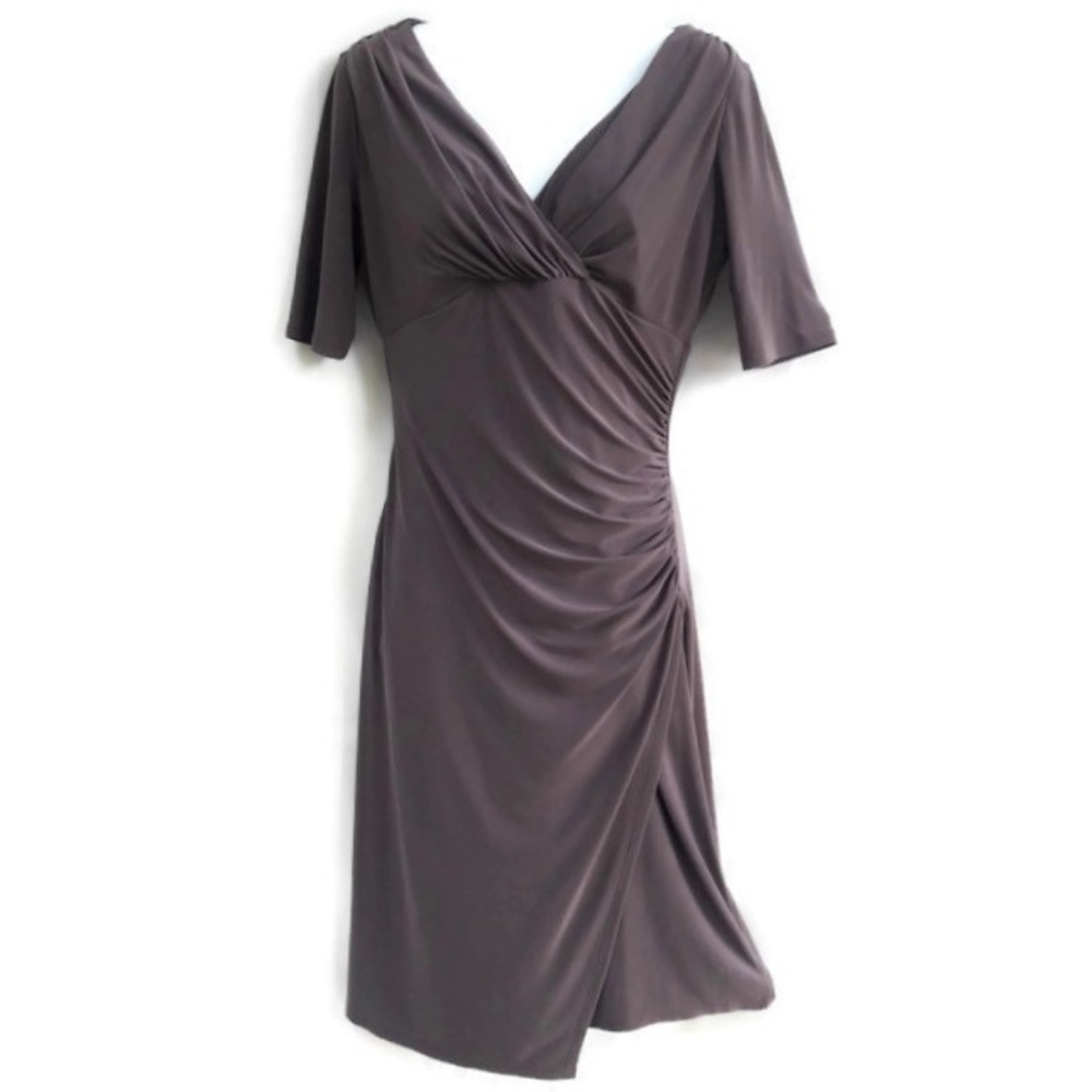 Evan Picone Dress Surplice Wrap Ruched Midi Empire Waist Tulip Hem Taupe Stretch